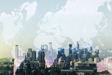 Wall Mural - multi exposure of abstract graphic world map on los angeles cityscape background, big data and netwo