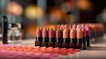 Sticker - Cosmetic lipsticks on a table. Beauty background.