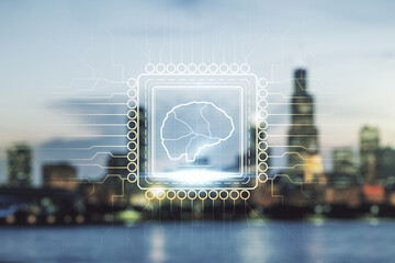 Wall Mural - Virtual creative artificial Intelligence hologram with human brain sketch on blurry skyscrapers background. Double exposure