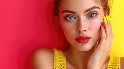 Wall Mural - young woman with blue eyes and yellow top on red background