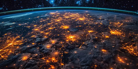 Wall Mural - big city lights view from space. planet earth globe with night realistic world map. communication co
