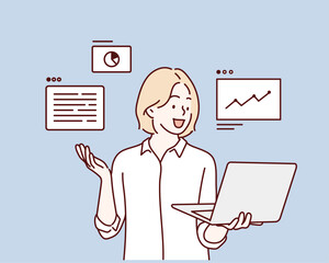 Wall Mural - successful young woman holding laptop computer. hand drawn style vector design illustrations.