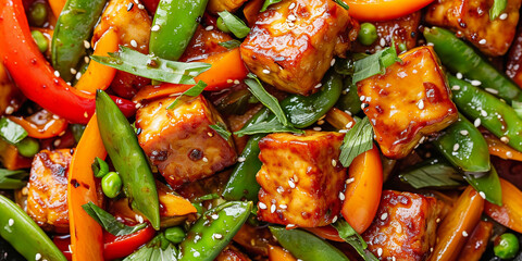 Wall Mural - Stir-fried Tempeh with Vegetables Tempeh cubes stir-fried with colorful bell peppers, peas and carrots, seasoned with tamari or soy sauce