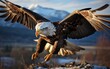 A majestic bald eagle soars through the crisp winter sky, its powerful wings outstretched as it surveys the mountain landscape below