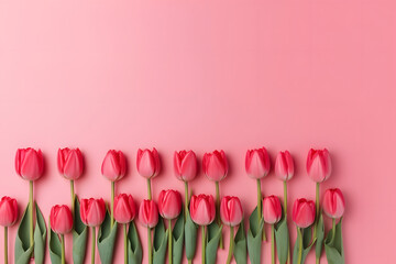  Many red tulips arranged in a row on a plain background.