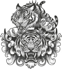 A sketch of a roaring tiger's face and dragon in black and white.