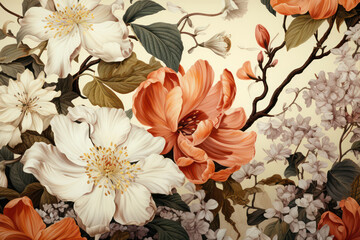 Wall Mural - Seamless Vintage Spring Floral Illustration: Romantic Garden Bouquet on Old Elegant Fabric