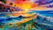 a sun setting over the ocean. Employ swirling patterns of warm oranges blending into cool blues, creating a dynamic and visually engaging representation of the natural phenomenon
