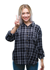 Poster - Young blonde woman over isolated background showing and pointing up with fingers number two while smiling confident and happy.