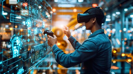 engineer in a virtual reality headset using a controller and a robot arm.