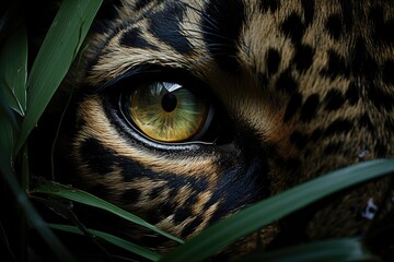 Wall Mural - A fierce and majestic leopard's piercing gaze, framed by vibrant green foliage, reveals the untamed beauty of this powerful terrestrial cat