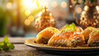 A traditional Ramadan sweet like baklava or qatayef, Ramadan, blurred background, with copy space