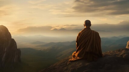 Wall Mural - Buddhist monk man meditating. Calm beautiful mountains landscape. Buddhism religion. Person sit in lotus pose. Zen yoga practice. Peaceful nature beauty. Asian spiritual asana. Asia culture harmony.