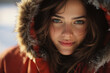 © ADDICTIVE STOCK - Generative AI illustration of enchanting woman with captivating eyes wrapped in a red snow kissed parka radiating a soft winter glow