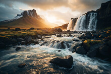 Majestic Waterfall And Mountain Landscape At Sunset Generative AI Image