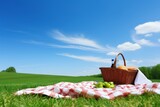 Fototapeta  - A classic picnic scene, with a blanket laid out on green grass under a clear blue sky, Generative AI