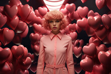 Generative AI Illustration Of Woman With Pink Hair In A Pink Dress Surrounded By Heart-shaped Balloons