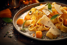 Generative AI Image Of Pappardelle Pasta With Roasted Butternut Squash, Topped With Shaved Parmesan And Basil, On A Dark Atmospheric Background