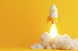 Light bulb taking off like rocket on yellow background, startup and business concept.