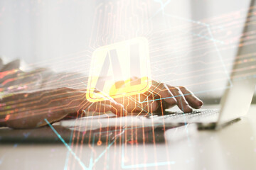 Wall Mural - double exposure of creative artificial intelligence icon with hands typing on laptop on background. 