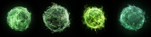 Glowing Bright Ball Of Fire. Green Ball Of Fire. Flaming Fantasy Glowing Sphere Of Energy Set Against A Black Background. Set Of Various Energy Balls. Explosive Sphere Elements. 