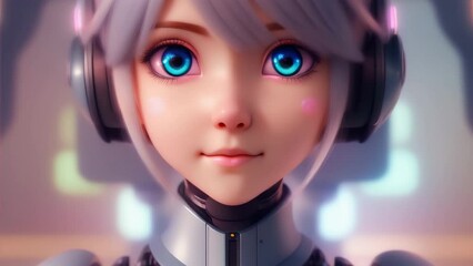 Cute beautiful girl robot chatbot wear headphones listen music. AI support woman chat bot service. Technology and business concept. Artificial intelligence assistant. Automatic cyborg machine helper.