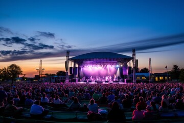 Wall Mural - An open-air concert venue with attendees enjoying music under a twilight blue sky, Generative AI