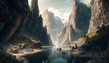 An Ultra-realistic Alpine Scene Showcasing Towering Cliffs And Deep Valleys, A Glacial River Carving Through Rocky Terrain - Generative AI