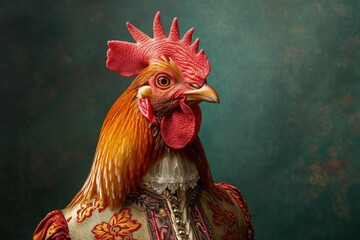 Wall Mural - Chicken Rooster An animal in Renaissance clothes, in a baroque suit, a close-up portrait of a past era, fashionable vintage retro style