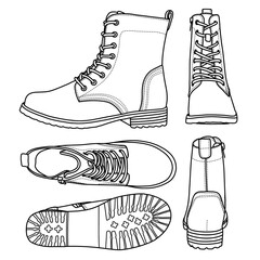 Technical sketch drawing of Women's Lace-Up Combat Boot Line Art, suitable for your custom woman shoes, outline vector doodle illustration, various view isolated with white background.     