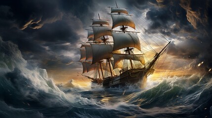 An ultra-realistic depiction of a sailing ship in the midst of a raging storm, turbulent seas and lightning strikes, capturing the intensity with intricate detail in a digital art form - Generative AI