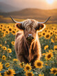 beautiful brown portrait cow in middle of  a sun flower  field