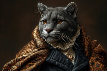 Wall Mural - Puma, Leopard, An animal in Renaissance clothes, in a baroque suit, a close-up portrait of a past era, fashionable vintage retro style