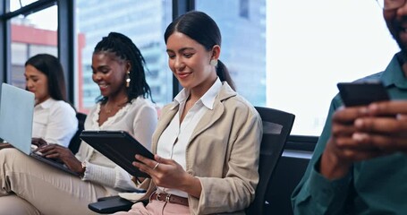 Canvas Print - Tablet, research and business woman in workshop or seminar for growth, training and development. Technology, online learning and upskill with happy young employee in office for education conference