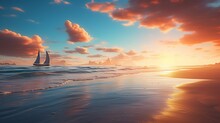 An Ultra-realistic Ocean Vista Featuring Golden Hour Hues, Calm Azure Waters Gently Lapping At Sandy Shores, Distant Sailboats Resting Under A Pastel Sky - Generative AI
