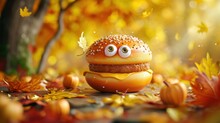 Cute Jelly Donut With Eyes. Funny Creature With Cheeseburger On Background Of Autumn Farm. Farm To Table Burgers Concept. Header For Website, Advert     