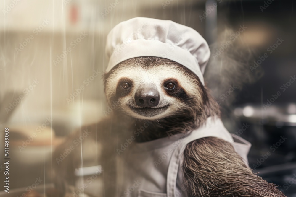 Sloth as a chef cook in a restaurant kitchen. Stock Illustration ...