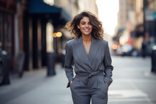 Elegant Woman In Her Mid-thirties, Confidently Striding Through A Bustling City Street, Wearing A Gray Tailored Jumpsuit With Metallic Accents, Her Hair Flowing In The Wind, And A Smile On Her Face