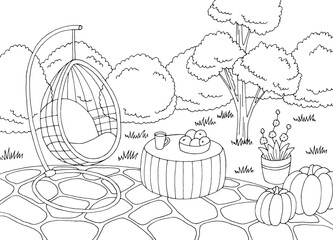 Garden swing graphic black white landscape sketch illustration vector 