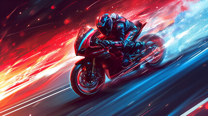 motorcyclist, rider, Side view of image with a focus on a dynamic stride, energy and motion, vibrant colors, abstract background 