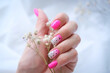 Women's hands with a fashionable pink manicure hold dried flowers in their hands. Spring - summer nail design