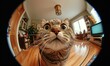 through the exaggerated fisheye lens a chubby cat