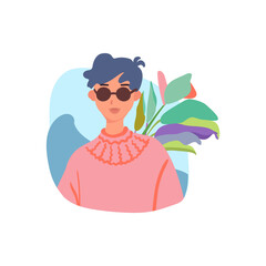 Round avatar of realistic girl, glasses with short haircut. Woman in pink sweater. Vector illustration