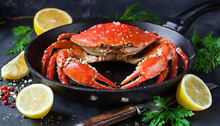 Ready Red Crab In A Black Frying Pan With Lemon, Top View, Dark Background