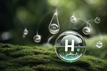 Hydrogen H2O in crystal ball on green grass. Green nature ecology concept.
