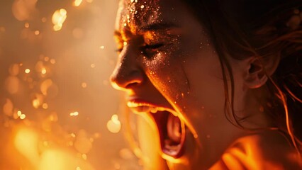 Wall Mural - A dramatic closeup of a womans face as she closes her eyes and lets out a powerful scream, with fiery sparks surrounding her, capturing the explosive energy of her rockstar performance.