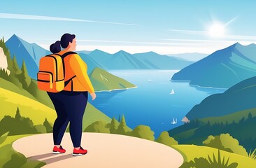 flat design illustration of plus size obese girl walking in mountains. view point, town and sea view