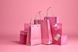 Pink shopping bags with sale tag on background. Sale campaign, discount idea. Generative AI