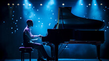 Soulful Serenade: Pianist Enchants The Audience In The Glow Of Blue Stage Lights