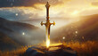 Magic golden sword, ancient fantasy weapon and landscape background, legendary adventure concept